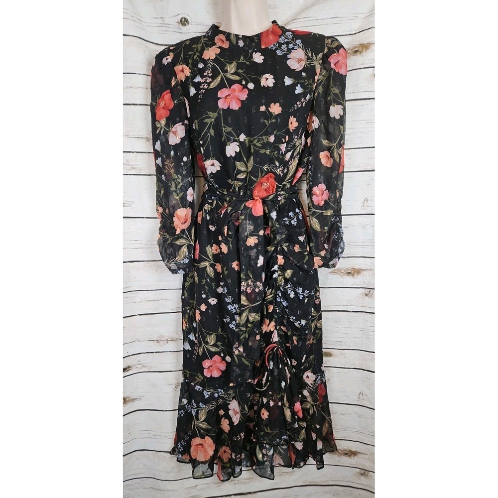 Eliza J Black Floral Midi Dress 12 Metallic Tie Belt Ruffled Ruched Chiffon